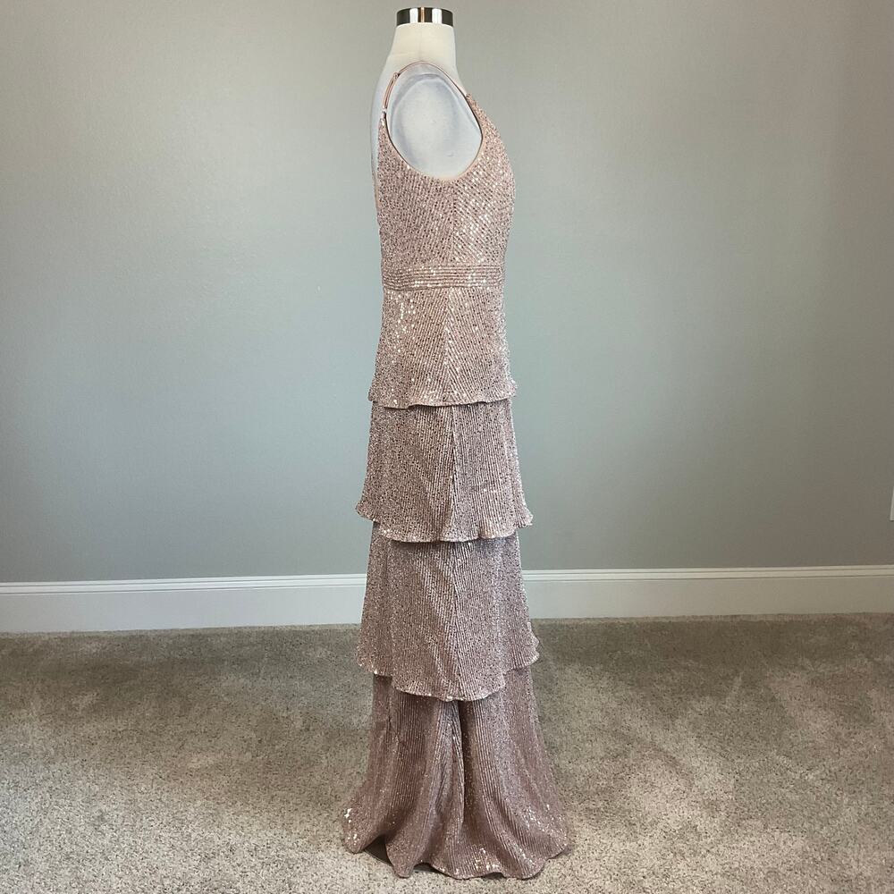 AQUA Rose Gold Pink Evening Gown Sequined Tiered Ruffle A-Line Dress Size 4 - Picture 5 of 11